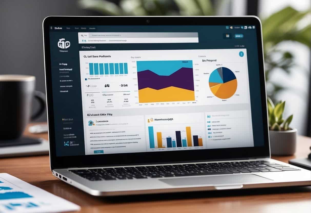 A laptop displaying a LinkedIn ad campaign dashboard with graphs and charts, surrounded by marketing materials and a strategic plan