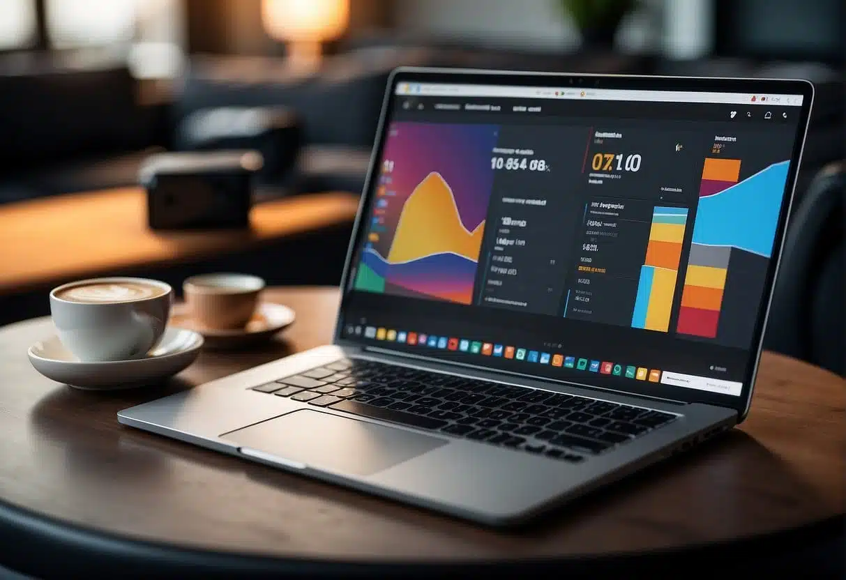 A laptop displaying Google Search Console data, surrounded by web design elements and search traffic graphs