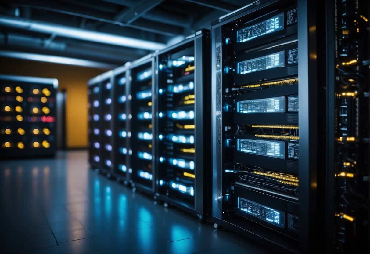 A server room with neatly organized racks of hosting equipment, connected by cables and glowing with indicator lights, surrounded by cooling fans and air conditioning units