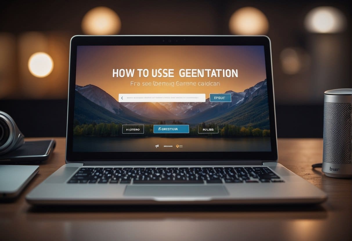 A laptop connected to a webcam and microphone, with a webinar hosting platform open on the screen. A banner reads "How to Use Webinars for Lead Generation."
