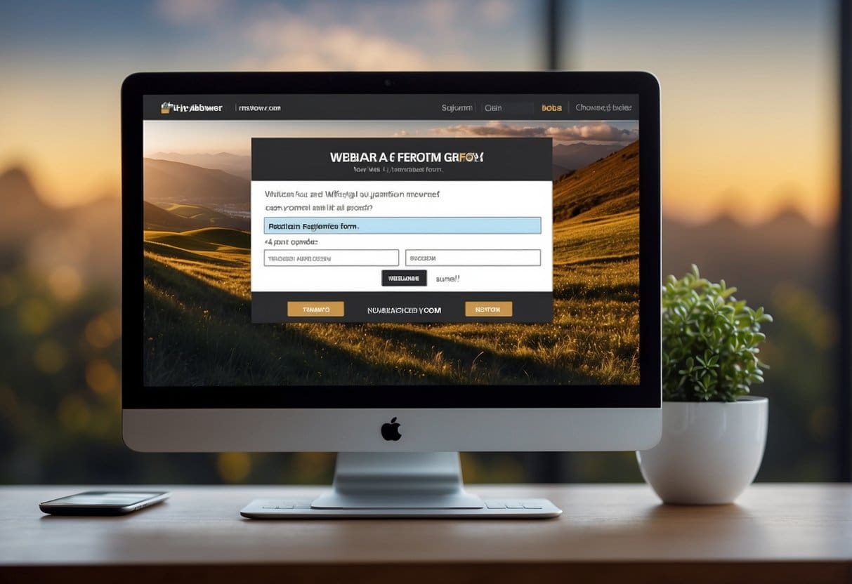 A computer screen displaying a webinar registration form with fields for name, email, and company information. A follow-up email with a thank you message and a link to access the webinar