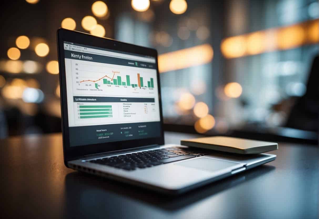 A laptop displaying webinar analytics with a graph showing lead generation success. A notepad with key takeaways and a pen next to it
