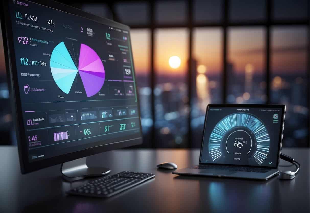 A sleek, modern interface with intuitive navigation. Colorful graphs and charts display data. Clear call-to-action buttons for easy user interaction