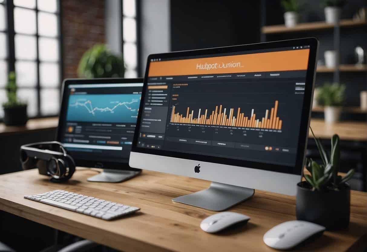 A computer screen displays HubSpot's marketing automation tools, with various features and options visible. A desk with a keyboard and mouse is nearby