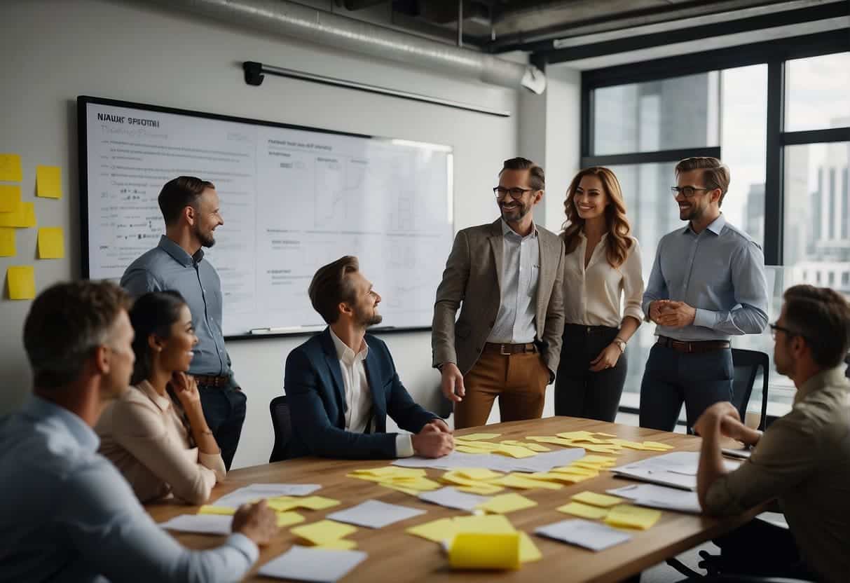 A group of marketing team members gather around a whiteboard, discussing and brainstorming ideas for implementing agile methodologies. Post-it notes and markers are scattered around the table