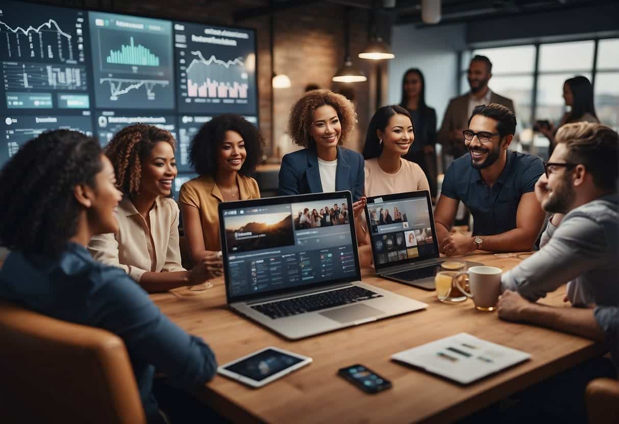 A diverse group of people engaging with various brands on social media platforms, with metrics and analytics displayed in the background