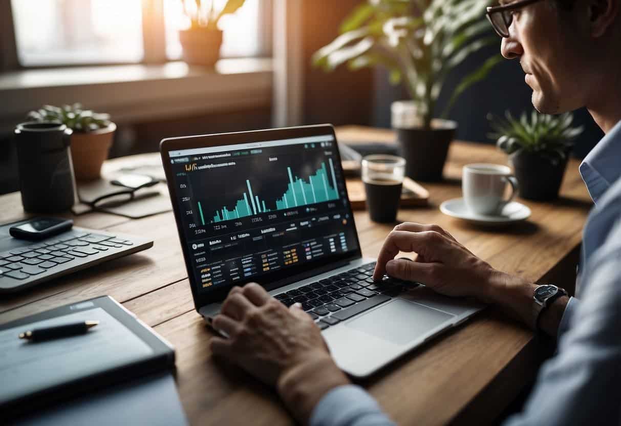 A person using a laptop and smartphone to analyze influencer marketing data, surrounded by various technological tools and charts