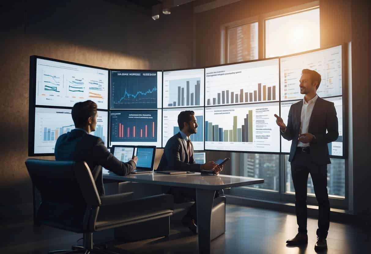 A group of people discussing marketing strategies and analyzing data for long-term influencer relationships. Graphs and charts are displayed on a large screen, emphasizing ROI measurement