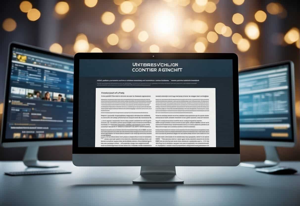 A computer screen displaying an article titled "Understanding the Role of Content in SEO" with a debunked SEO myths section, surrounded by web design elements