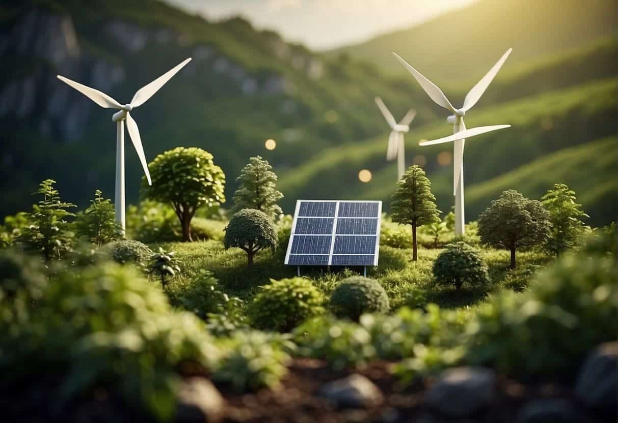 A lush green landscape with renewable energy sources, recycling facilities, and technology-driven marketing strategies