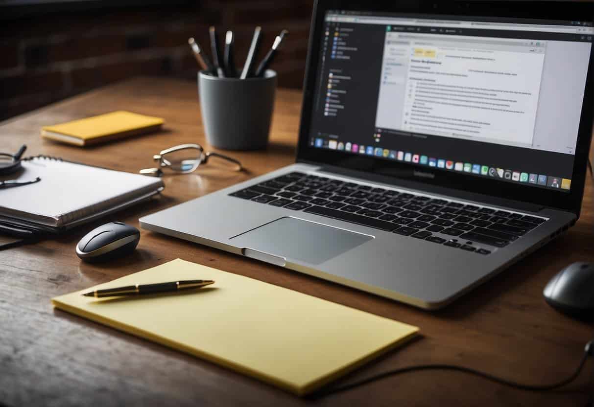 A desk with a computer, notebook, and pen. A web design book open with keywords highlighted. Post-it notes with keyword ideas scattered around