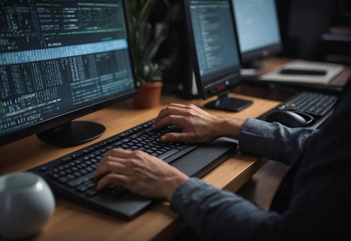 A web designer types on a keyboard, surrounded by keyword research tools and a computer screen displaying content development strategies