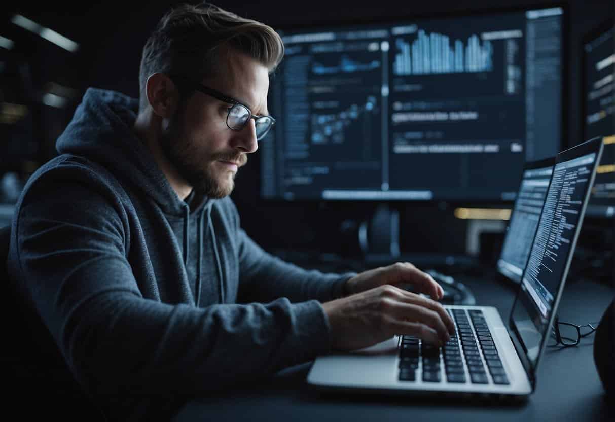 A web designer types and researches keywords on a computer, surrounded by competitor analysis data and web design tools