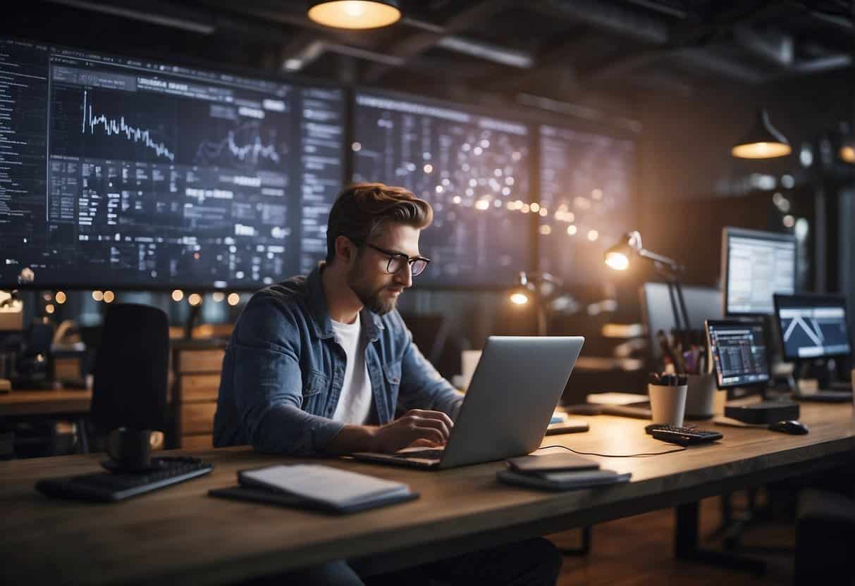 A web designer researches keywords, surrounded by various types like long-tail, short-tail, and LSI, to optimize a website's content