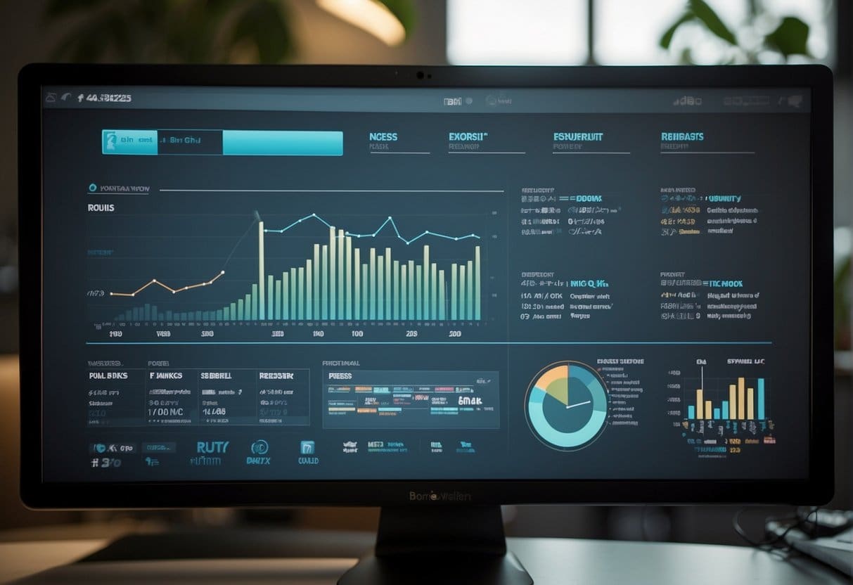 A computer screen displaying keyword research tools and web design concepts, with a graph showing success metrics and a strategist adjusting strategy based on the data