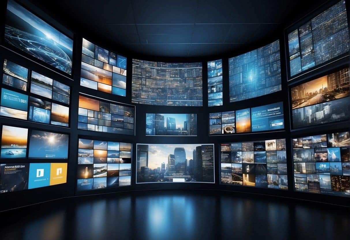 Various screens display programmatic media buying across different channels, while data streams and algorithms are visualized in the background