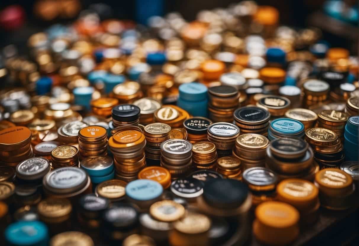 A crowded marketplace with exaggerated product claims, bold colors, and persuasive language. Emphasize emotional appeal and logical fallacies