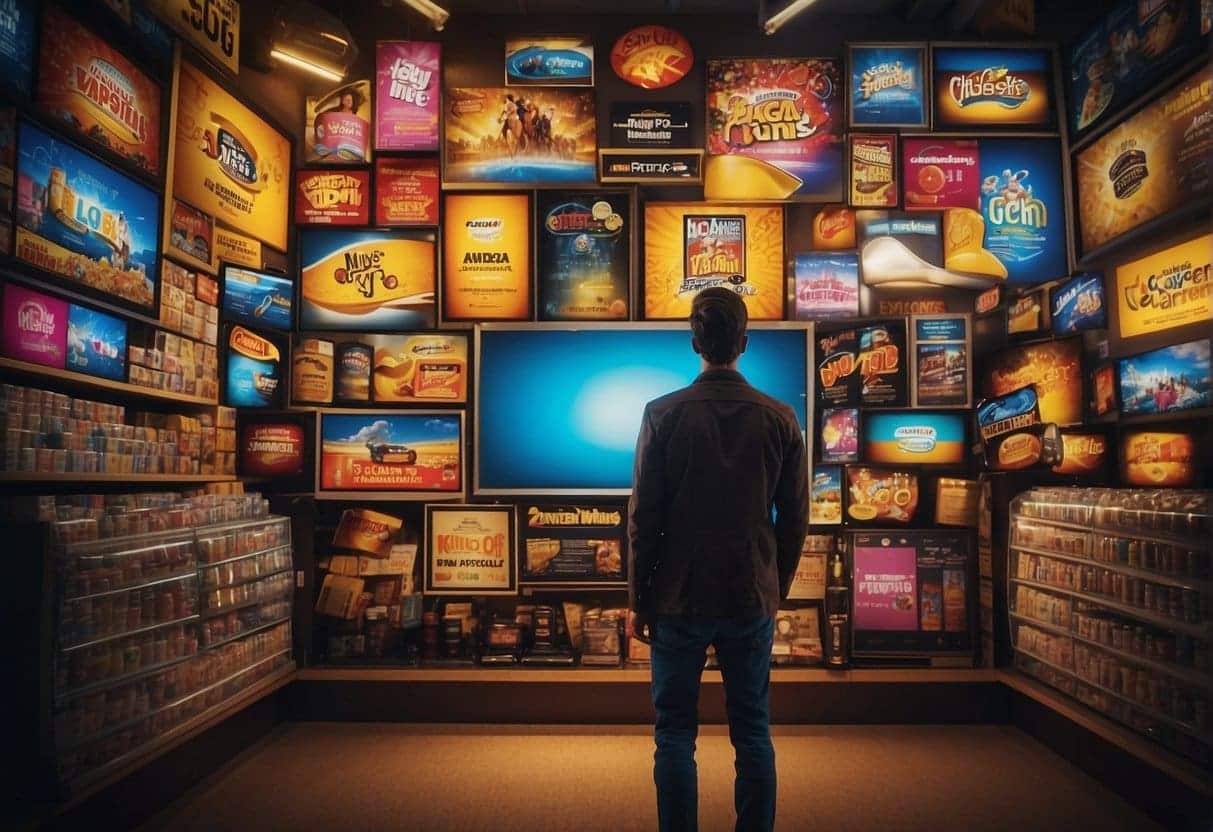 A person looking at a product with exaggerated claims, surrounded by bold and colorful advertisements