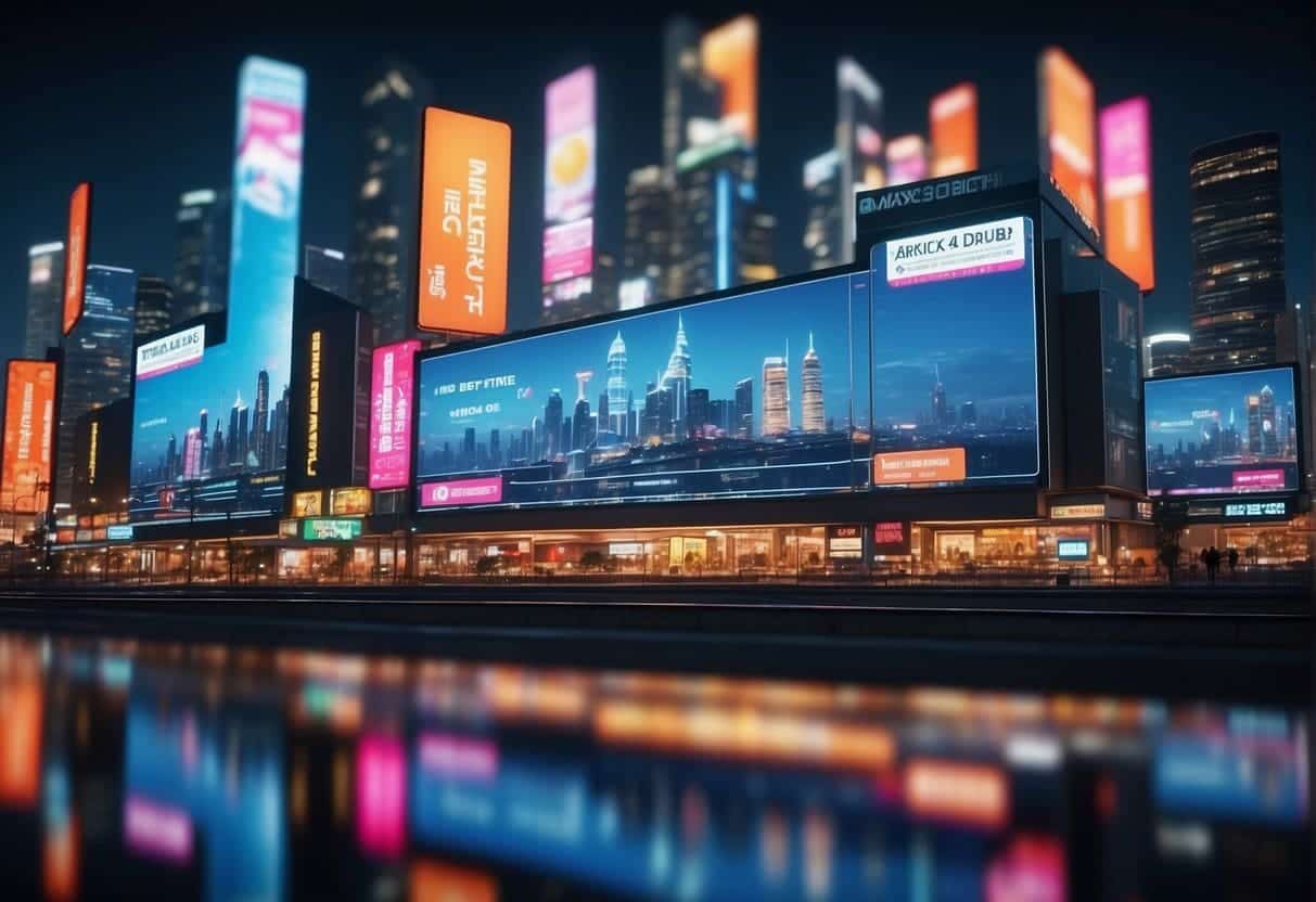 A futuristic cityscape with holographic billboards displaying misleading advertising slogans