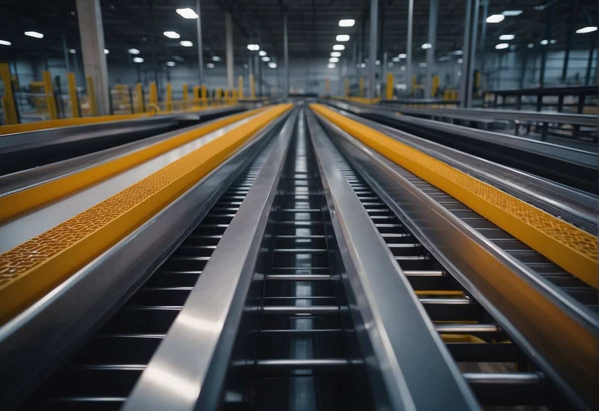 A streamlined conveyor belt system efficiently moves products through a warehouse, with cost analysis charts displayed on digital screens