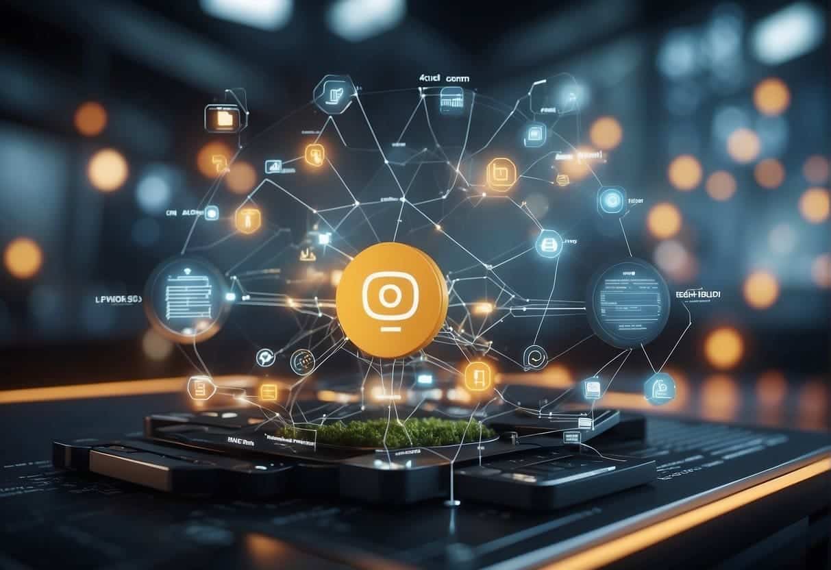 A platform and service integrations scene with interconnected nodes and data flowing between them, showcasing the benefits of headless commerce