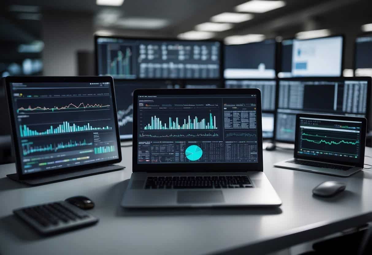 Multiple computer screens displaying data charts and graphs. A person typing on a keyboard, surrounded by stacks of papers and folders. A whiteboard filled with diagrams and notes