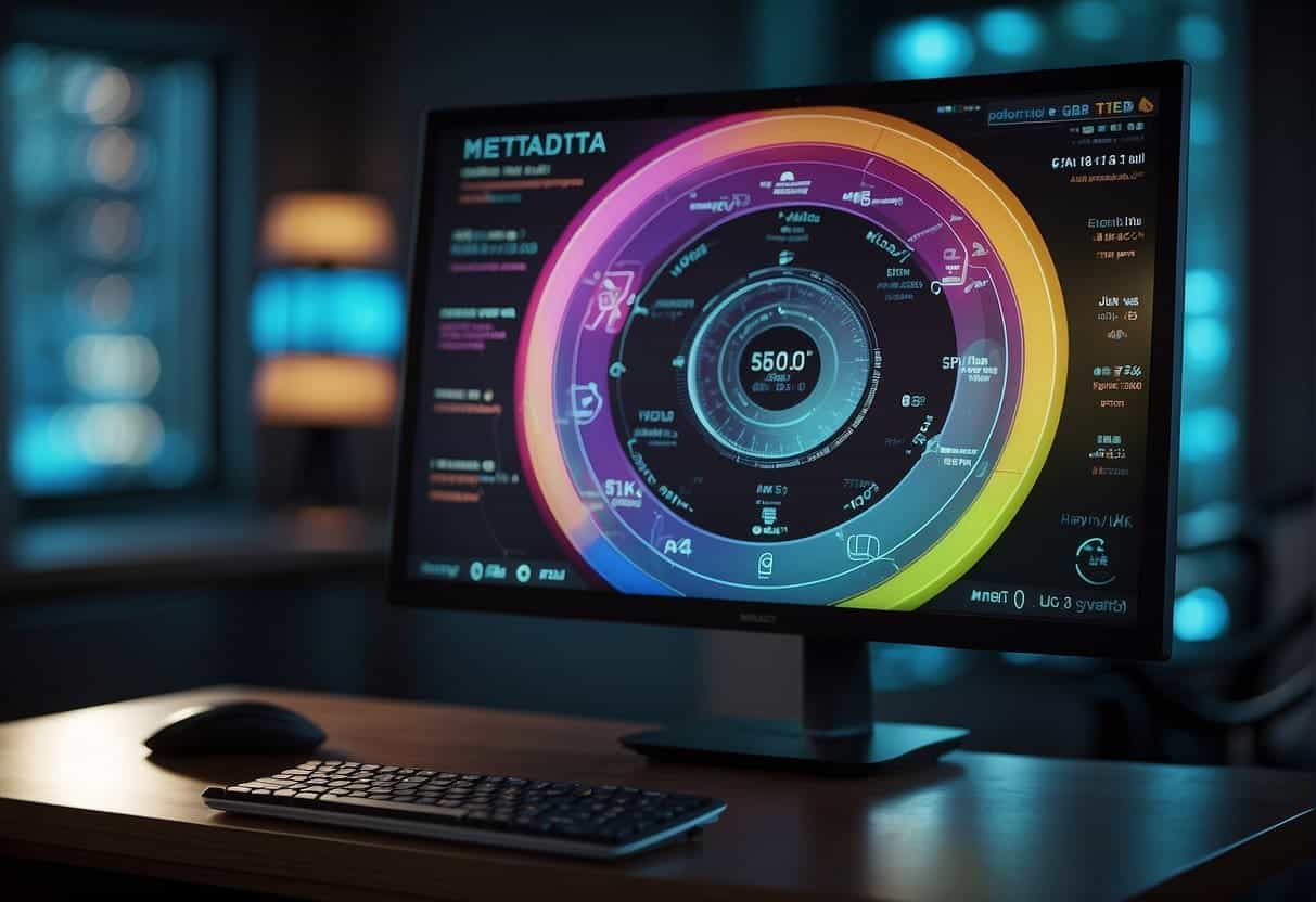 A computer screen displaying video metadata and SEO optimization tools. Bright colors and clear text enhance visibility