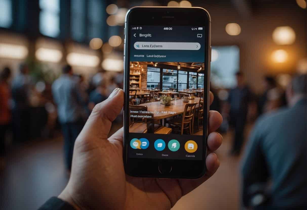 A small business owner posts on social media while attending a local networking event, showcasing their website's local SEO tips