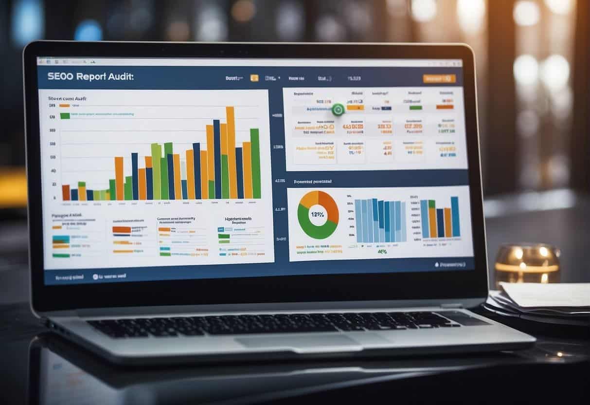 A computer screen displaying a detailed local SEO audit report with charts, graphs, and data analysis