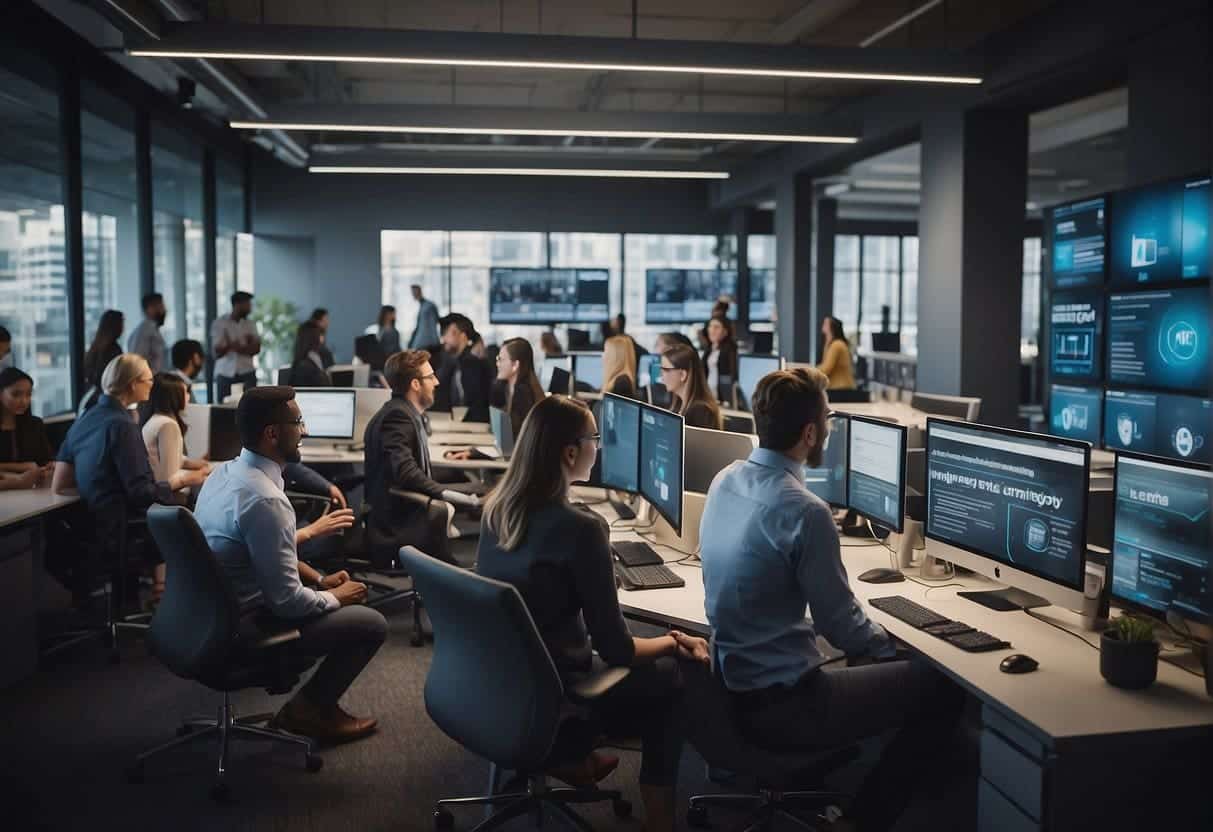 A bustling office space with people engaged in conversations, surrounded by digital screens displaying successful conversational marketing campaigns