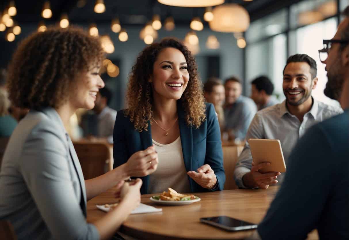 A group of people engage in lively conversation, surrounded by interactive marketing materials. Smiling faces and engaged body language suggest successful outcomes