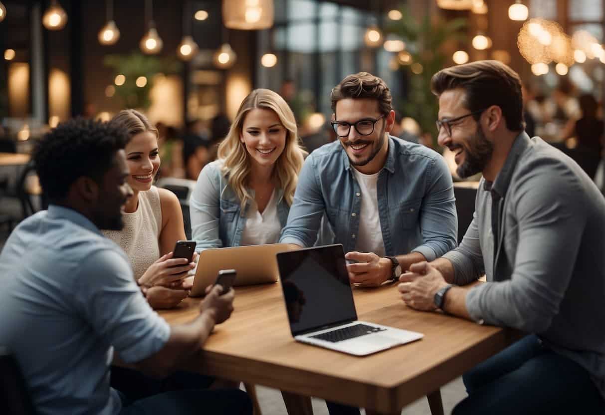 A group of diverse people engaging in lively conversations, surrounded by digital devices and interactive marketing materials