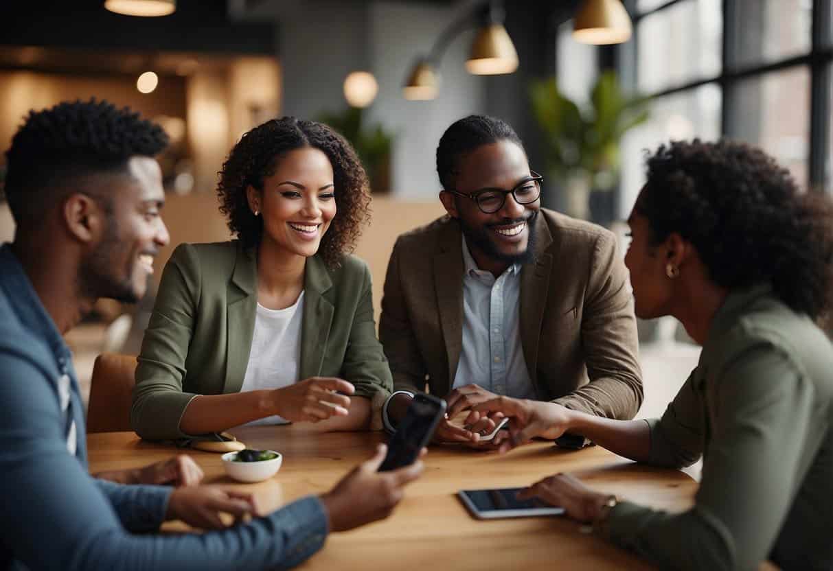 A group of diverse consumers engage in lively, two-way conversations with brands through various digital channels. They express genuine interest and satisfaction in the products and services offered