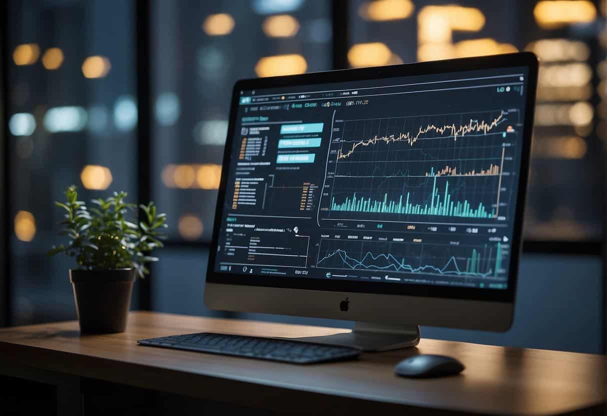 Data charts and graphs displayed on a computer screen. Chatbot icons integrated into a marketing flowchart