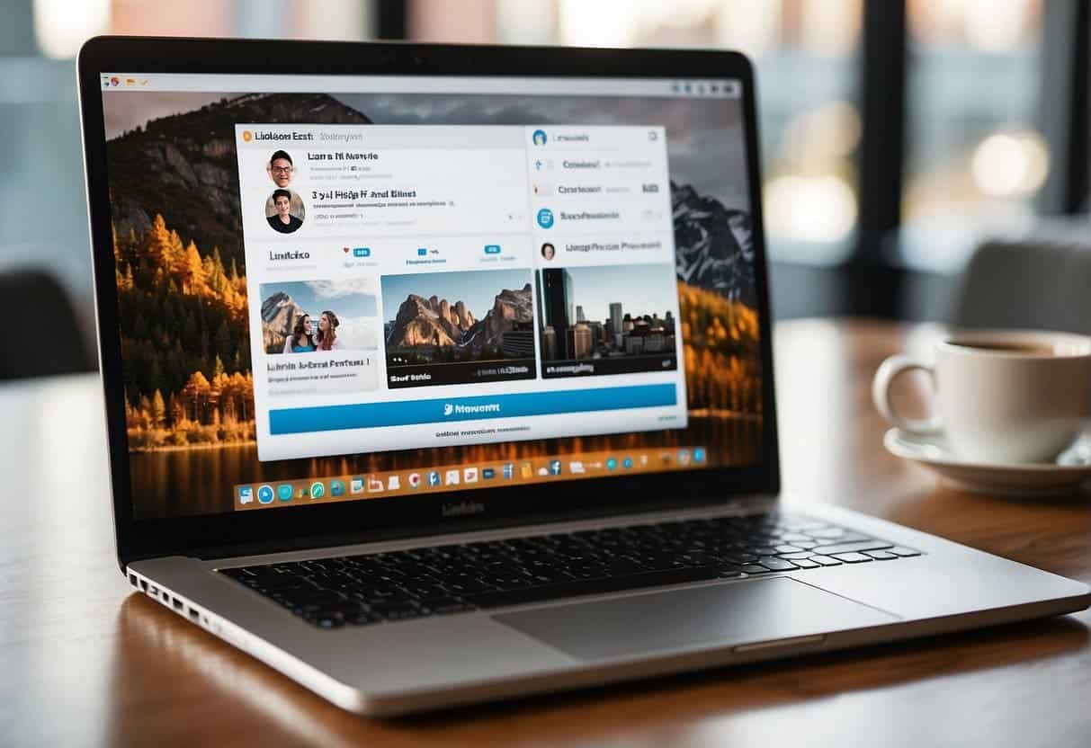A laptop displaying a LinkedIn profile, surrounded by icons of other social media platforms, with a graph showing increased engagement