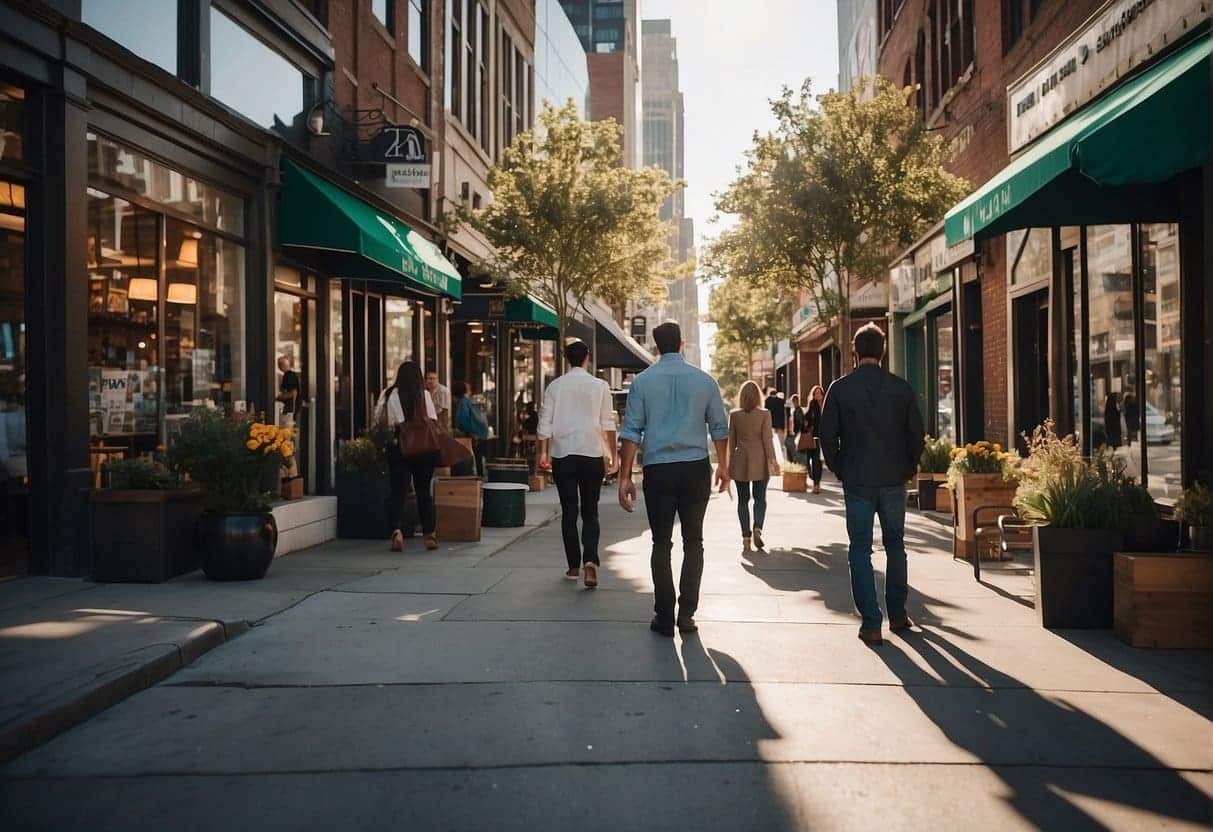 A bustling city street with vibrant storefronts and local businesses, each with their own unique signage and branding, showcasing the importance of local SEO