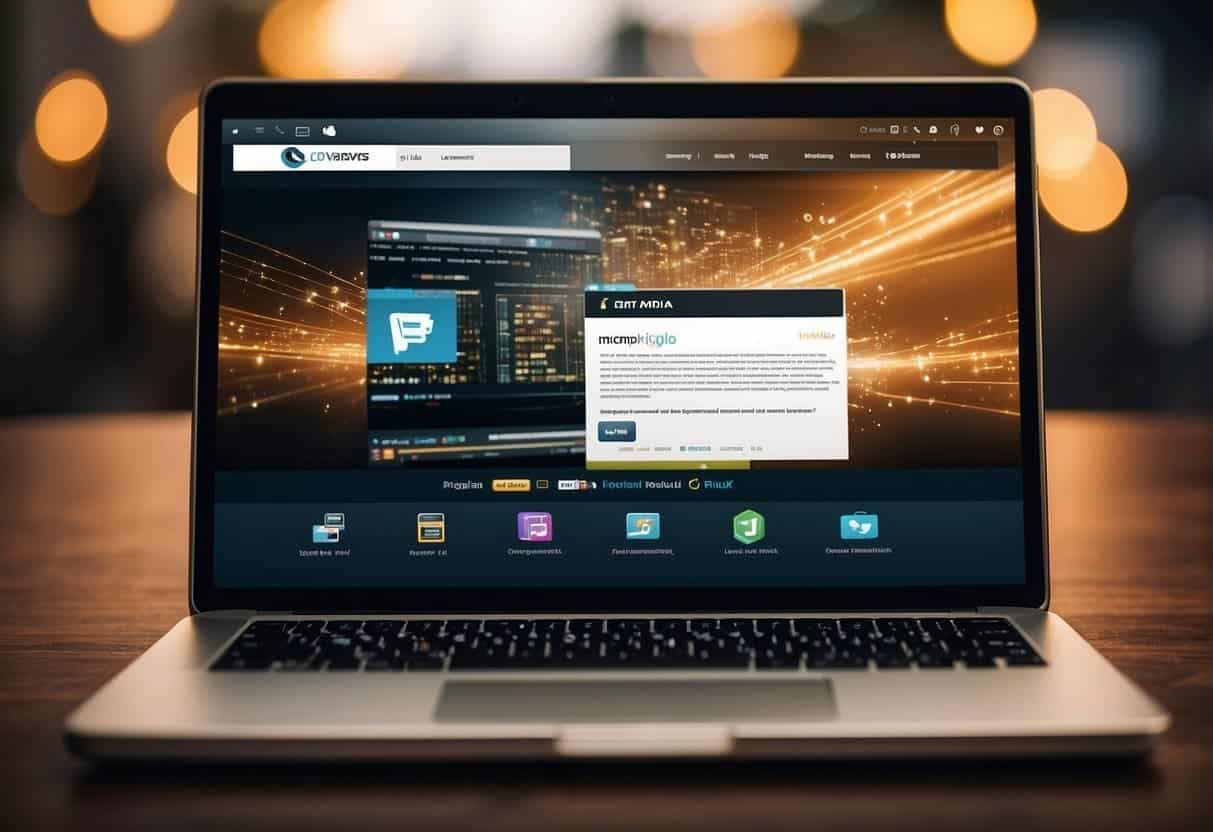A laptop displaying a website with engaging content and backlinks, surrounded by PR and media logos