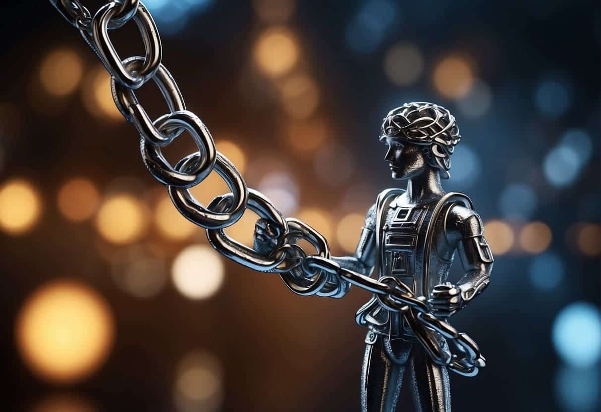 A figure with a glowing authority symbol stands atop a sturdy link chain, surrounded by web design elements