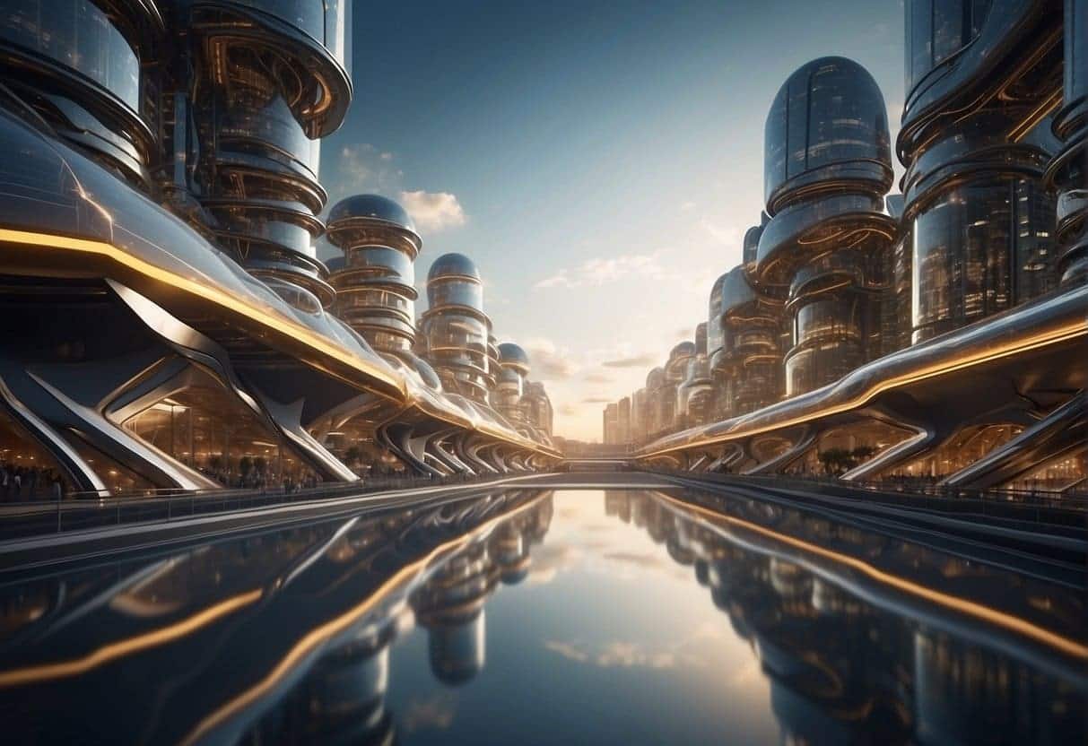 A futuristic cityscape with interconnected web-like structures, symbolizing a strong and resilient backlink profile. The buildings are linked by sleek, modern design elements, representing the integration of great web design in building backlinks