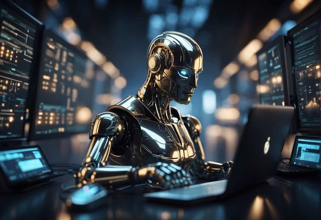A computer with AI and machine learning algorithms, surrounded by locks and shields, symbolizing responsible and secure use of customer data platforms