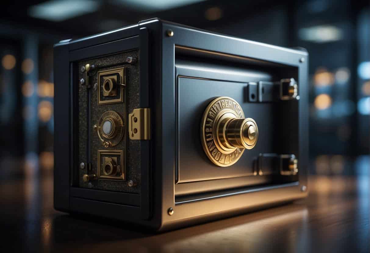 A locked safe with a shield around it, surrounded by security cameras and encryption symbols, representing the secure and private storage of customer data in a CDP