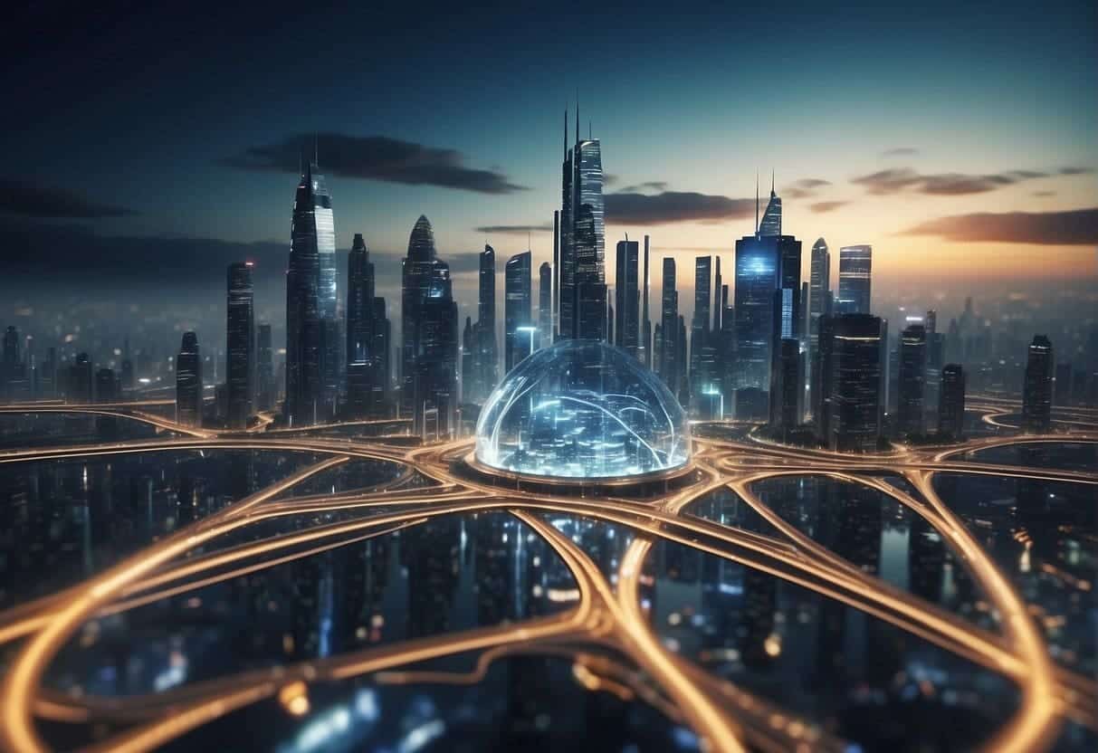 A futuristic cityscape with data streams flowing into a central hub, surrounded by layers of security and privacy safeguards