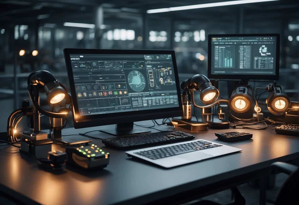 An industrial setting with various sectors, each featuring conversational AI interfaces for user interaction. Bright, modern, and efficient