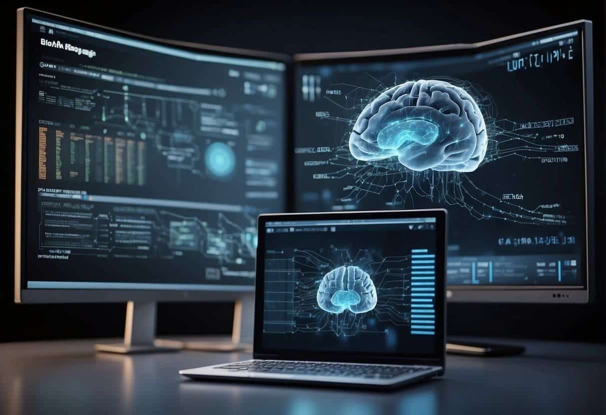 A computer program learns and adapts, with data flowing into a virtual brain. A digital interface engages in conversation, representing the future of user interaction