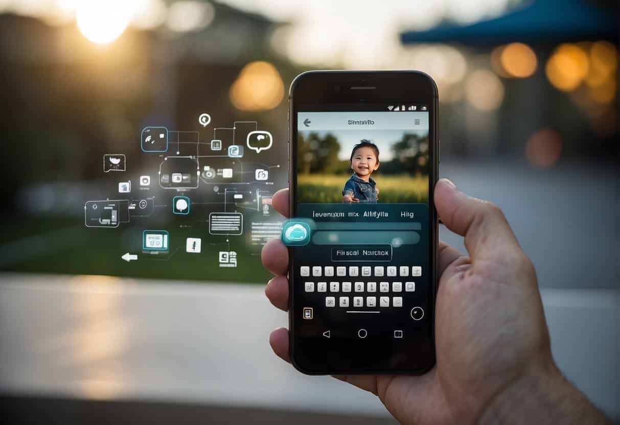A smartphone displaying a conversational interface, with speech bubbles and a user inputting text