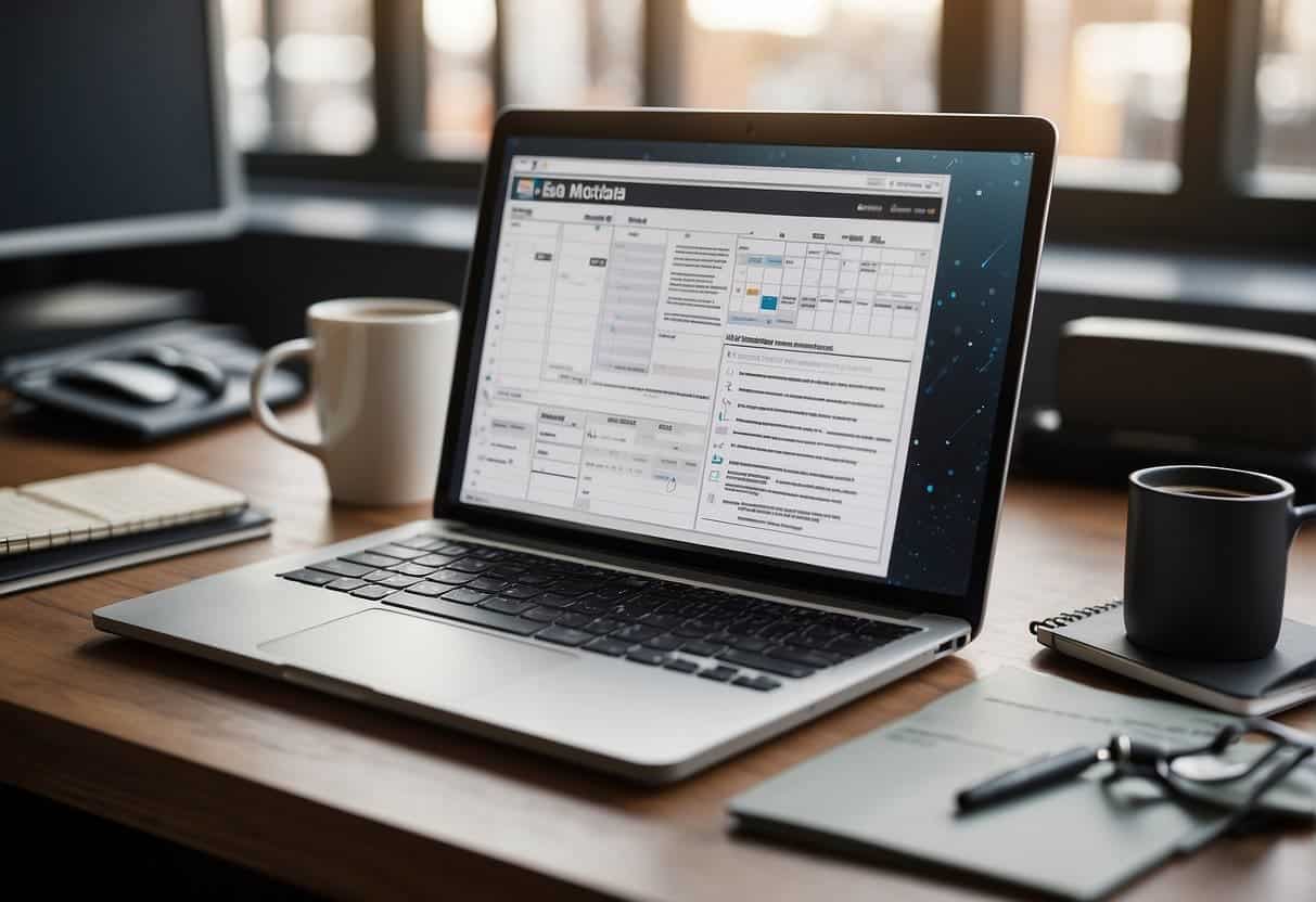 A desk with a computer, notebook, and pen. A checklist of SEO tasks. A calendar with monthly updates marked. Keywords and content strategy notes