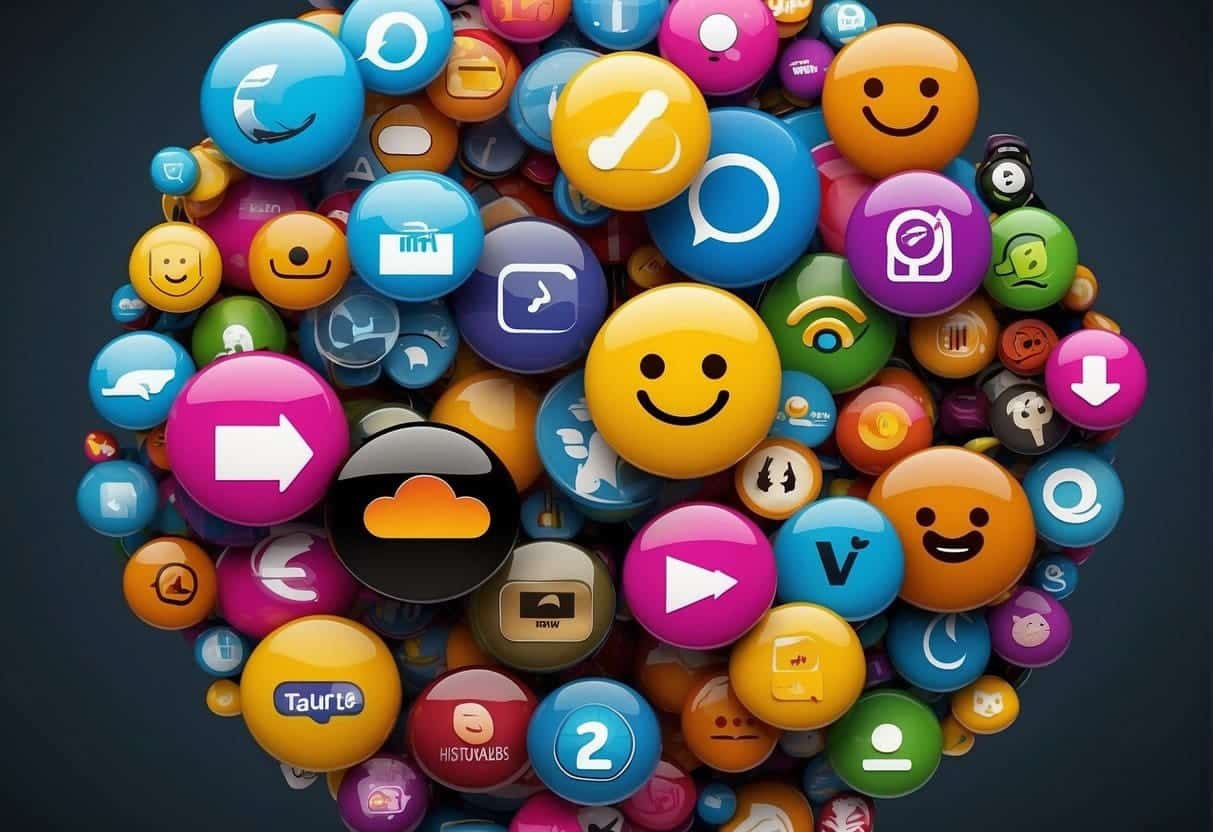 Various messaging app icons arranged in a circle, with chat bubbles and emojis floating out of them. A customer service agent responds to inquiries in real-time