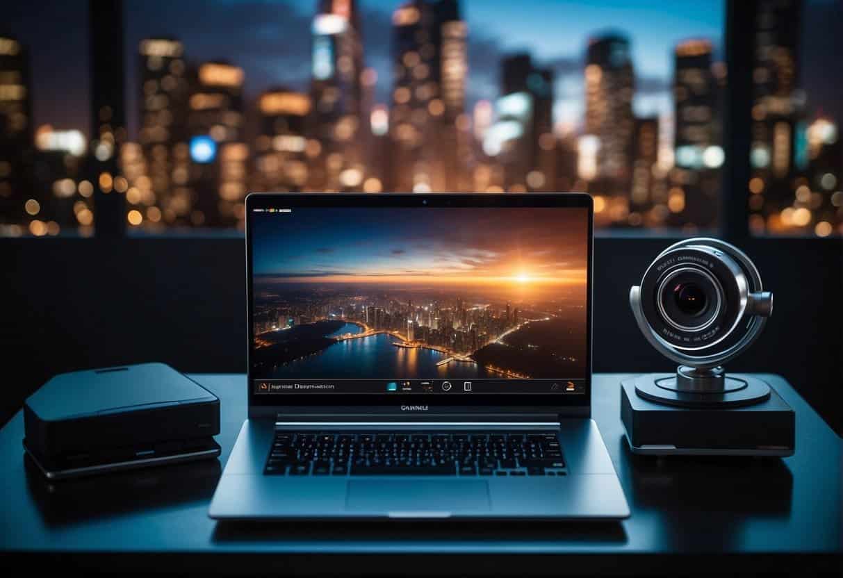 A sleek laptop and high-tech camera stand on a futuristic desk, surrounded by holographic screens displaying personalized content - The Future of Personalisation in Blogging and Vlogging: Trends Shaping Content Creation