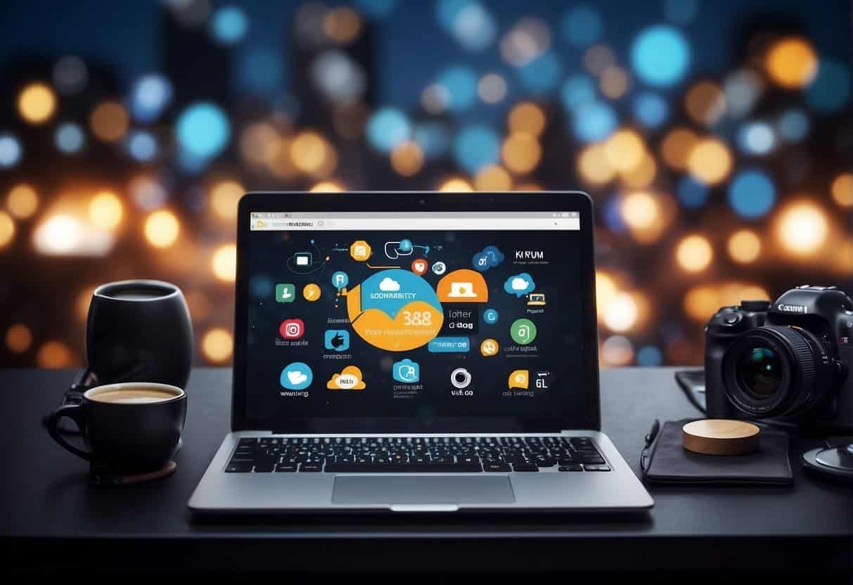 A laptop displaying a blog and vlog with SEO and social media icons. A futuristic backdrop symbolizing personalization and discoverability