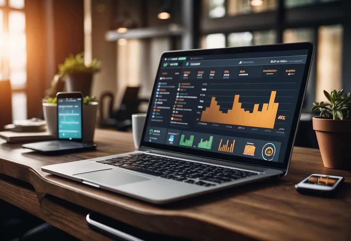 A laptop, tablet, and smartphone on a desk, with social media icons and blog/vlog logos displayed on screens. A chart showing data analytics and personalization trends in the background